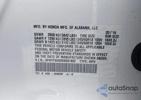 2019 Honda Pilot Ex-L z USA, uszkodzony, nr VIN 5FNYF6H53KB081892